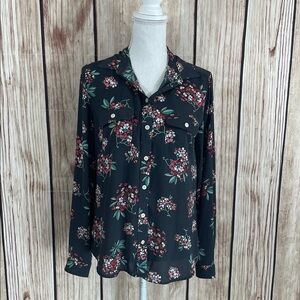 LOFT Dark Gray w/ Red & Pink Floral Button-Up Shirt Size Small